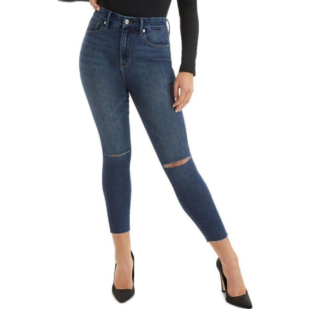 NWT GOOD AMERICAN - Size 00/24 - Good Waist Crop Raw Edge Jeans Blue676